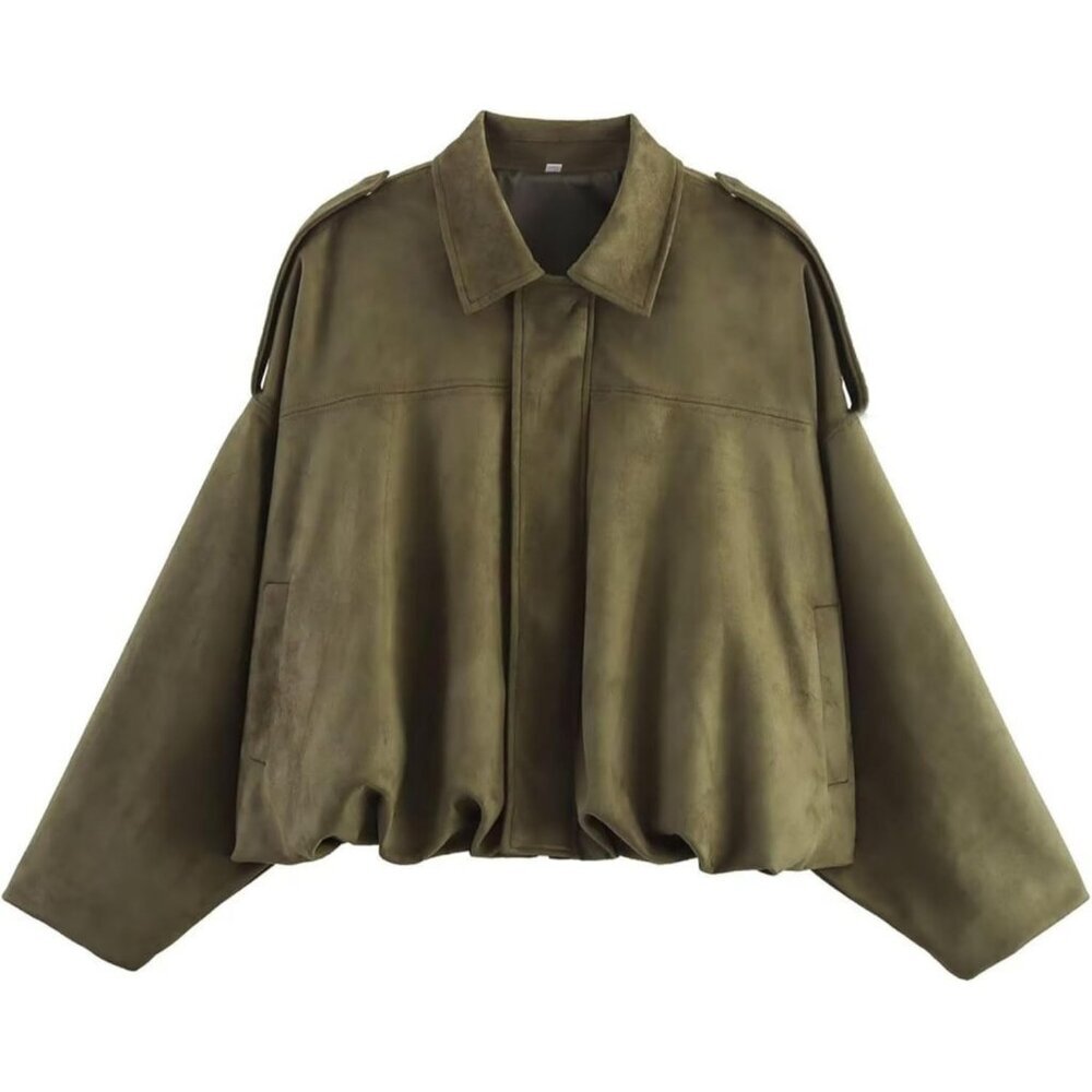 Women's 01 Green Pocket Faux Bomber Jacket Coat Streetwear Winter Long Sleeves
